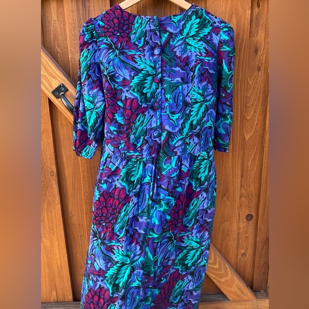 Vintage 80s Floral Midi Dress Secretary Tea Modest Bold Shoulder Pads Vtg Large - Picture 15 of 15